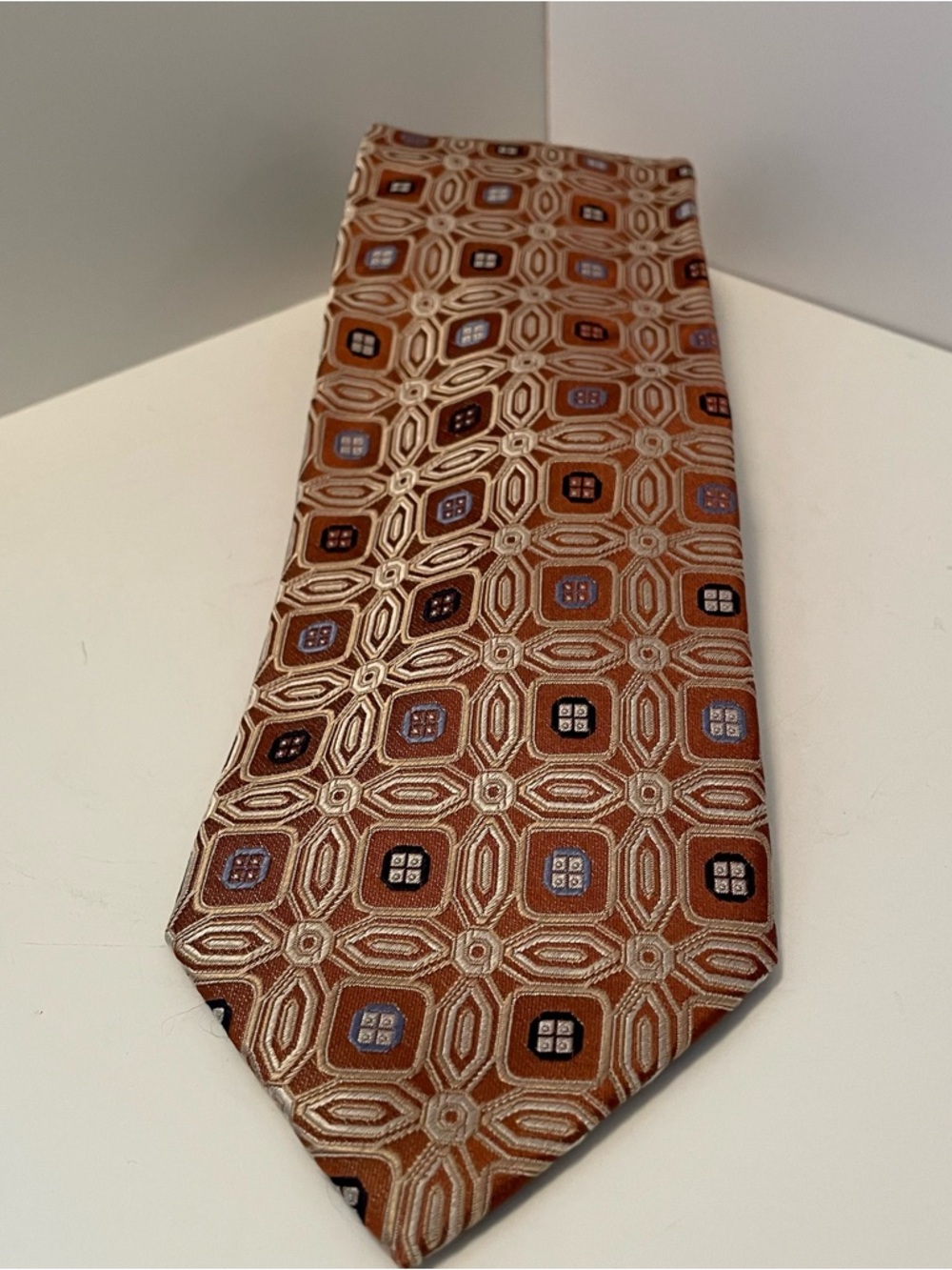 Vintage Peacock Handmade Pure Silk Mens Tie Geometric Square Brown Blue